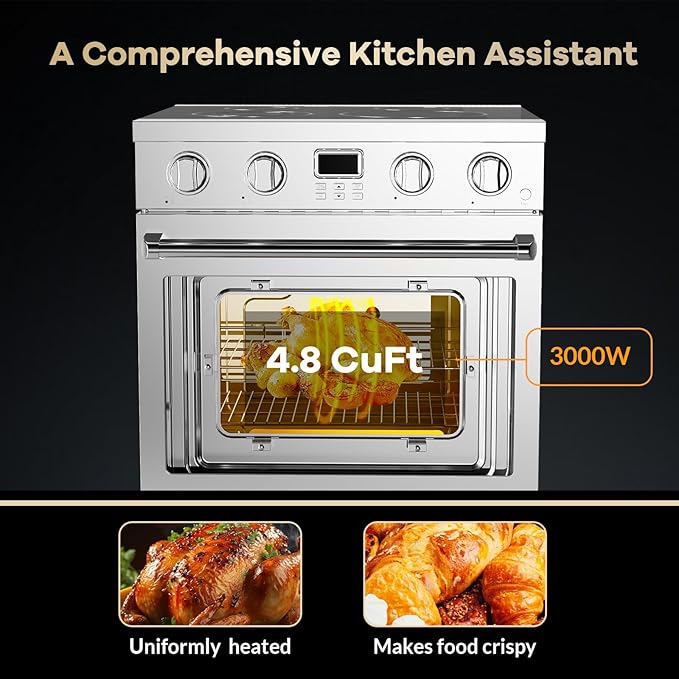 30 Inch Electric Range with 4.8 Cu.Ft Convection Oven, 4 High-Power Burners & 6 Cooking Modes, Smooth Glass Cooktop, Built-In Timer, Freestanding Professional Stainless Steel Kitchen Stove