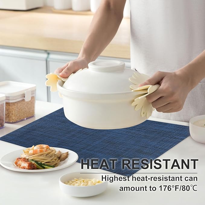 LANDVIEW Vinyl Placemats Set of 4, PVC Woven Washable Non-Slip Table Mats, Heat Resistant Wrinkle Free Place Mats for Dining Table, Easy to Clean (4, Navy Blue)