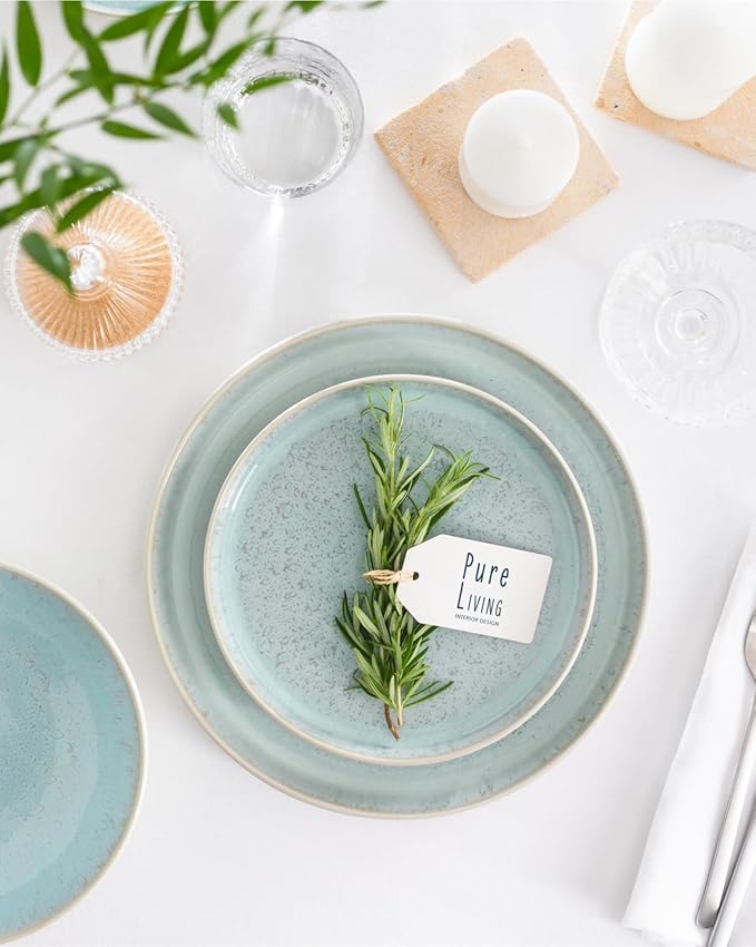 Stoneware dinnerware set 8 persons 24 pcs ??Modern style plates and bowls set ceramic ??Microwave safe dinner plates and bowls set ??Bowl and plate set ??Dinner service Pure Living beige & light blue