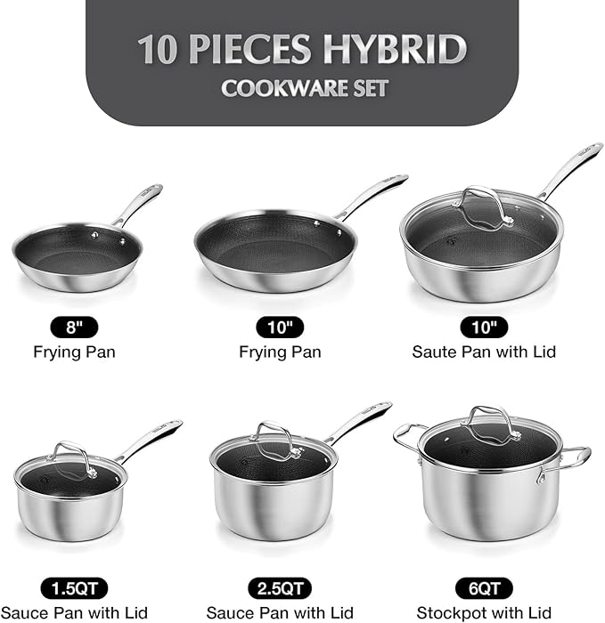 KOCH SYSTEME CS Triply Stainless Steel Cookware Set 10 Piece, Nonstick Hybird Stainless Steel Pots and Pans Set, Kitchen Cookware Set with Honeycomb Interior, 18/10 Steel, Induction Compatible