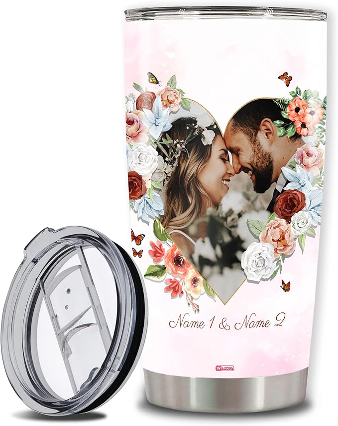 WAZONE Personalized Couples Tumbler With Picture Customized Floral Photo Frame Couple Travel Mugs With Text Name 20 30 Oz StainlessGifts For Lovers Women Men Girl On Valentine's Day Bi