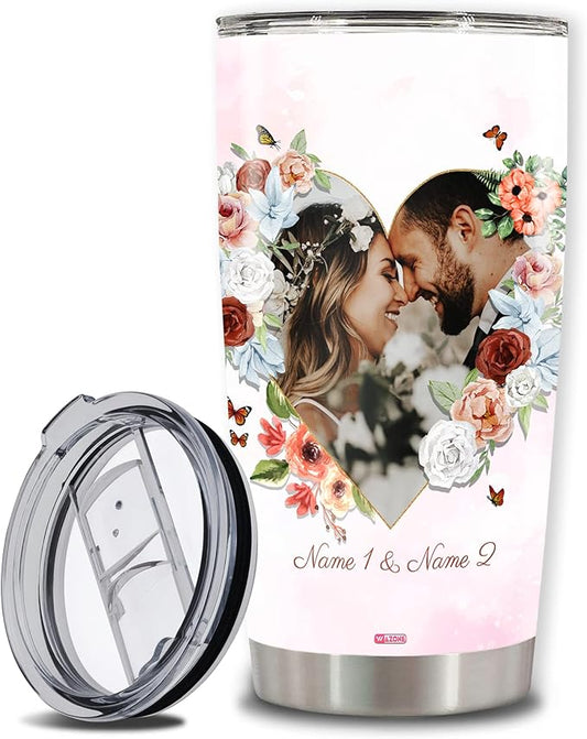 WAZONE Personalized Couples Tumbler With Picture Customized Floral Photo Frame Couple Travel Mugs With Text Name 20 30 Oz StainlessGifts For Lovers Women Men Girl On Valentine's Day Bi