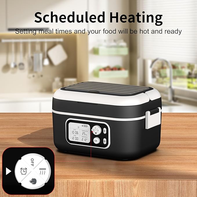 EDCREATY Cordless Electric Heated Lunch Box, 1.5L 6.3Cups 24000mAh Rechargeable Battery Self-Heating Lunch Box, Smart Timer, Even Heating, 100W Portable Food Warmer for Office, Picnic, Car, Outdoor
