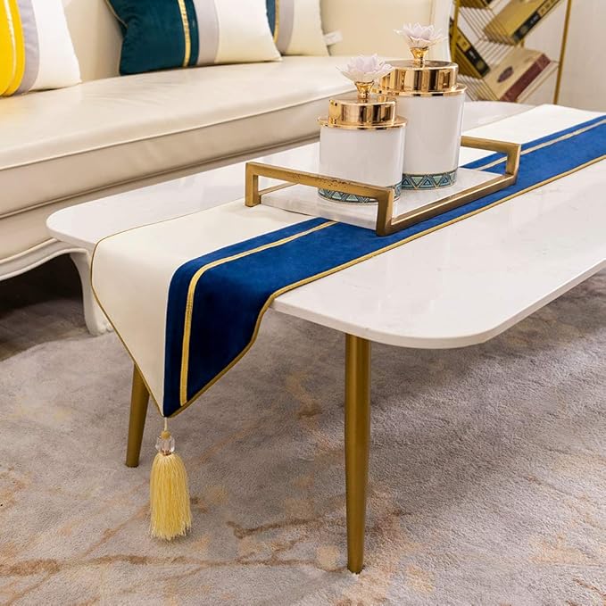 Avigers 12 x 72 Inch Decorative Luxury Navy Blue White Gold Leather Striped Patchwork Velvet Table Runners with Tassels for Home Living Room Bedroom Art Decor Wedding