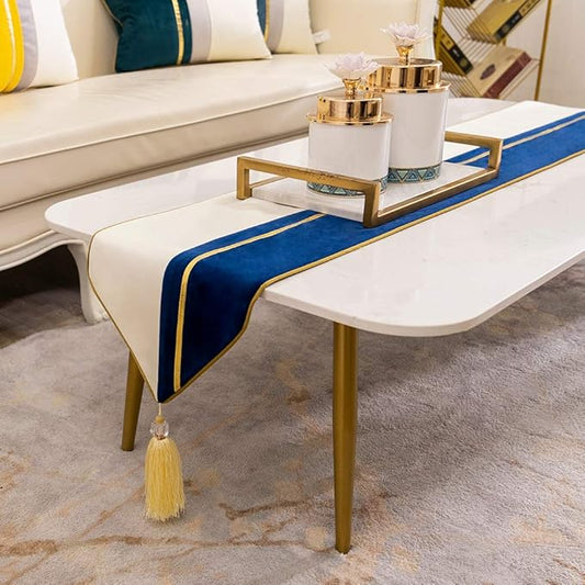 Avigers 12 x 72 Inch Decorative Luxury Navy Blue White Gold Leather Striped Patchwork Velvet Table Runners with Tassels for Home Living Room Bedroom Art Decor Wedding