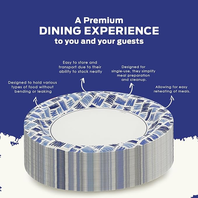 PAMI Heavy-Duty Disposable Small Round Paper Dishes | Microwave-Safe, Oil, Water & Cut Resistant (7 Inch Plate 50 Blue)