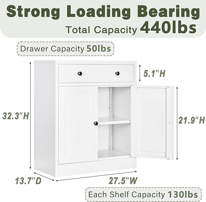 CJF Metal Buffet Cabinet, Coffee Bar Cabinet with Drawer & Adjustable Shelf, Sideboard Cabinets for Kitchen, Coffee Bar, Bathroom, Entryway, Home Office, Pantry-White