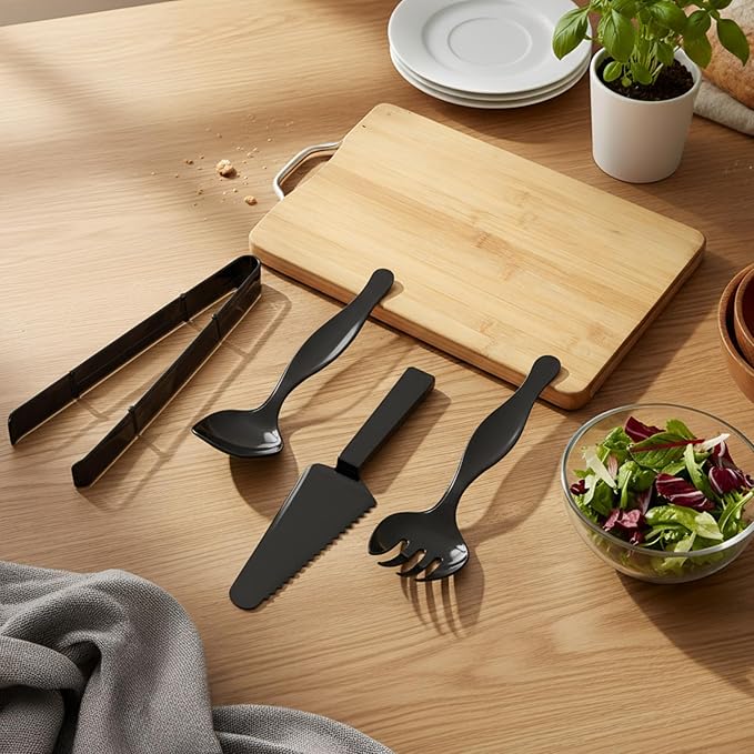 30 Pcs Disposable Plastic Serving Utensils Set Include 8.5'' Serving Spoons Forks 9'' Tongs and Knives for Birthday Party Buffet Dinner Food Salad Utensils Christmas (Black)