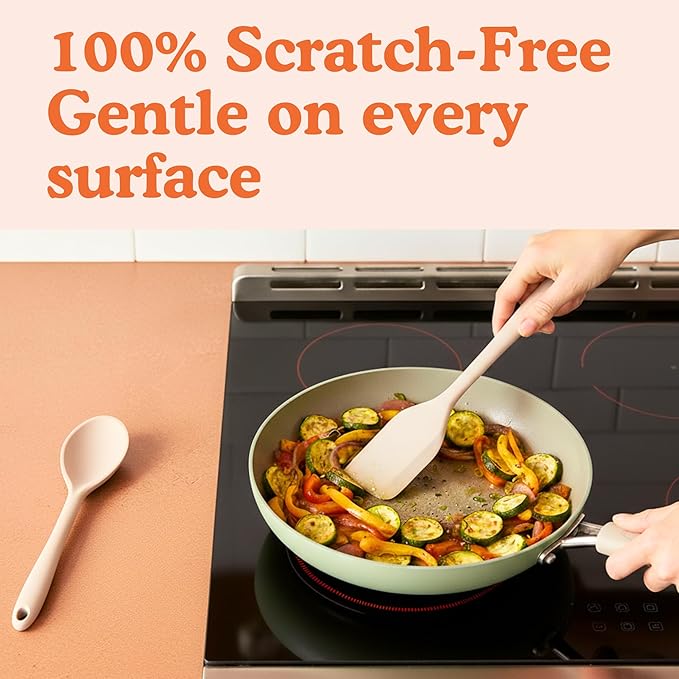 Non-Toxic Platinum Silicone Kitchen Utensil Set of 2 ??Non-Scratch Cooking Spoon & Spatula, 100% Plastic Free, Stainless Steel Core, Heat Resistant 500째F, Beige