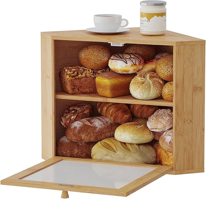 Bamboo Corner Bread Box for Kitchen Countertop - Wavy Acrylic Door, Adjustable 2-Layer Bread Storage Container, Large Bread Holder