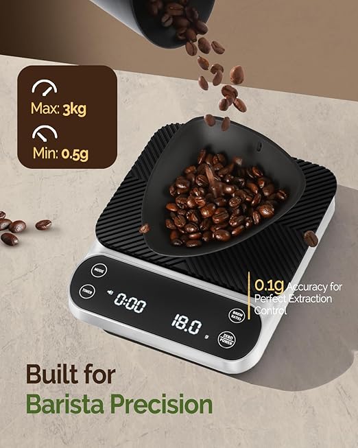 Maestri House S3 Coffee Scale with Timer, 3kg/0.1g Rechargeable Digital Scale, 3 Brew Modes, Adjustable Ratios & Flow Rate Display, Barista-Grade for Pour-Over, Espresso, French Press ?“White