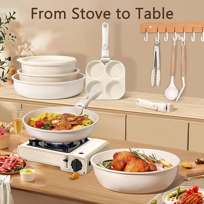 GiPP Ceramic Pots and Pans Set Non Stick, Nonstick Detachable Handle Cookware Sets, Healthy Non Toxic PFAS PFOA & PTFE Free, Dishwasher 竊냀ven Safe, Induction Kitchen Pot and Pan, 15 Piece Cream