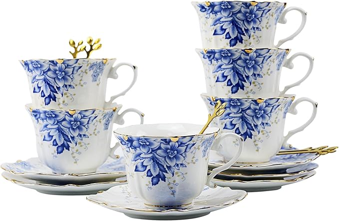 TATSUMI Country Roses 18 Peices Bone China Tea Cup And Saucer Set, English Vintage Tea Cups Of 6 For Women And Tea Party Sets(Rose Blue,6 Sets)