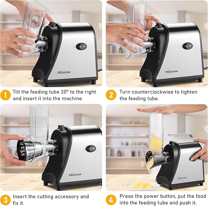Electric Cheese Grater for Block Cheese, 5 Different Shapes of Blades for Slicing/Shredding/Grating, 250W Automatic Cheese Shredder Vegetable Slicer with One-Touch Control for Fruits, Nuts