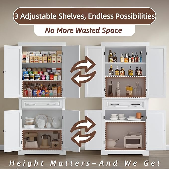 72" Tall Kitchen Pantry Cabinet, White Wooden Storage Cabinet with Drawer, Adjustable Shelves & Anti-Tip Device, Freestanding Bathroom Storage Cabinet, Pantry Cabinets for Kitchen Storage