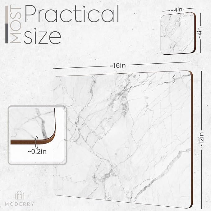 Moderry Set of 4 Heat Resistant Cork Placemats for Dining Table with Free Set of 4 Matching Drink Coasters Marble Design 16 x 12 Inches Cork Backed Hard Placemats (White Marble)
