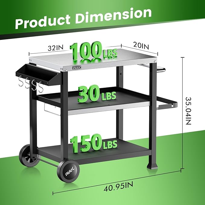 NUUK 3-Shelf Grill Cart for Outdoor with Stainless Steel Top ??20" x 32" Movable Pizza Oven Stand with Wheels Kitchen Prep Table BBQ Cart Worktable