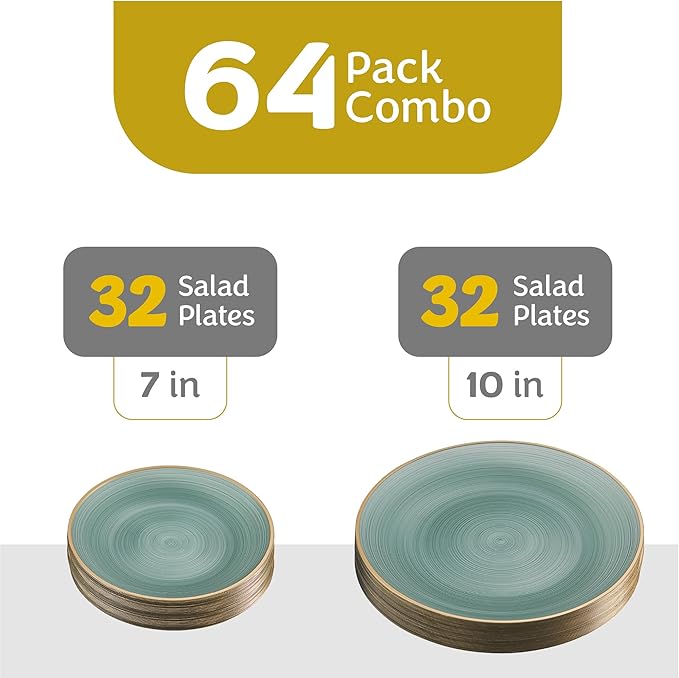 PLASTICPRO 64 Pieces Crystal Design Plastic Plates Combo Pack 7 inch and 10 inch Gold Rim Elegant Disposable Plates, Transparent Green