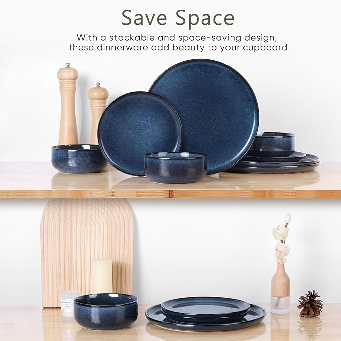 Herogo 18 Pieces Stoneware Dinnerware Sets Service for 6, Dinner Plates and Bowls Sets, Double Reactive Glaze Dishes Set for Kitchen, Scratch Resistant, Microwave & Dishwasher Safe, Starry Blue