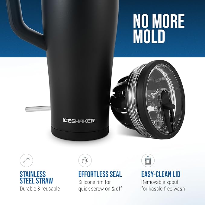 Ice Shaker 40 oz Tumbler with Handle and Straw | 40oz Black | Cold for 30+ Hours | 2-in-1 Tumbler Shaker Bottle | Odor-Free 40 ounce Bottle for Water, Protein Shakes, Smoothies, Cocktails
