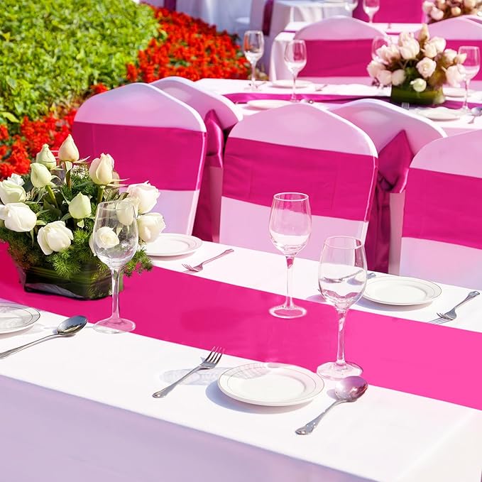 Bencailor 24 Pcs Hot Pink Satin Table Runner Bulk 12 x 108 Inches Long Table Runners Bright Smooth Fabric Tablecloth for Wedding Banquet Birthday Valentines St Patrick's Day Party Decorations