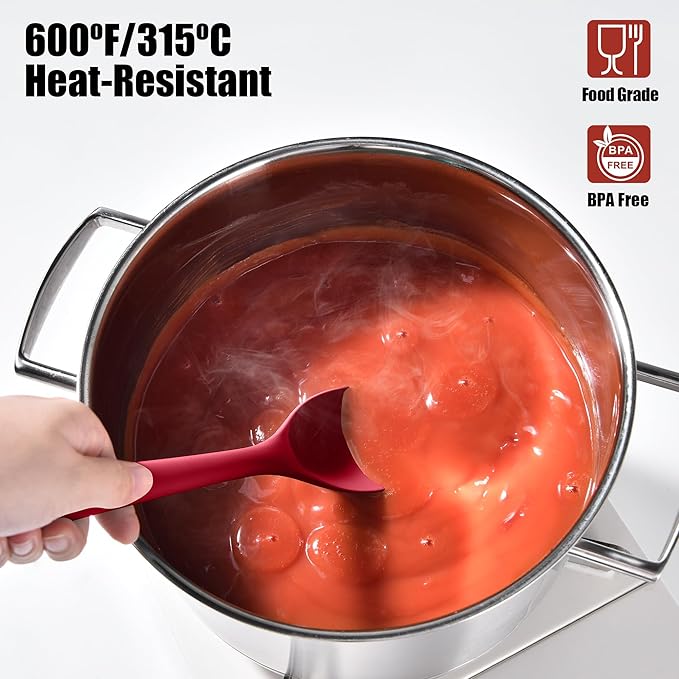 Doosu Silicone Spoon Spatula Set of 2, 600쨘F Heat-Resistant Food Grade Rubber Spoonula with Seamless Design, Non-Stick Dishwasher Safe Kitchen Utensils for Cooking, Baking, Mixing, Scraping (Red)