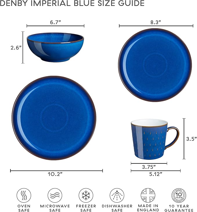 Denby - Imperial Blue Large Coffee Mug Set of 4 - Cascade Patterned 13.5 Ounce Stoneware Tea Mug Set For Office & Home - Dishwasher Safe, Microwave Safe - Ceramic Tea Cups With Blue Pattern Glaze
