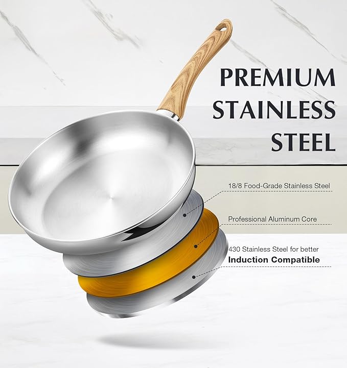KOCH SYSTEME CS Stainless Steel Frying Pan Set, 18/10 Stainless Steel Pans Set with Heat-resistant Handle, Triply Base Induction Cooking Pans Set, Fast & Even Heat, Dishwasher Safe, 8" & 10"