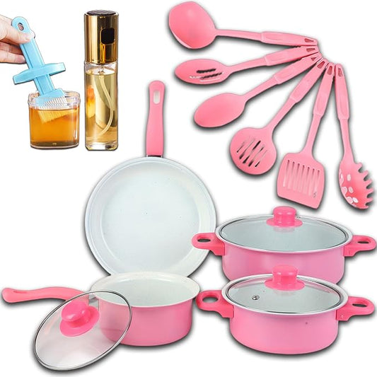 7-Piece Non-Stick Aluminum Cookware Set - Pots and Pans, Pot & Pan Sets Nonstick with Lids for Frying, Boiling, Stewing & Sauteing (Pink)