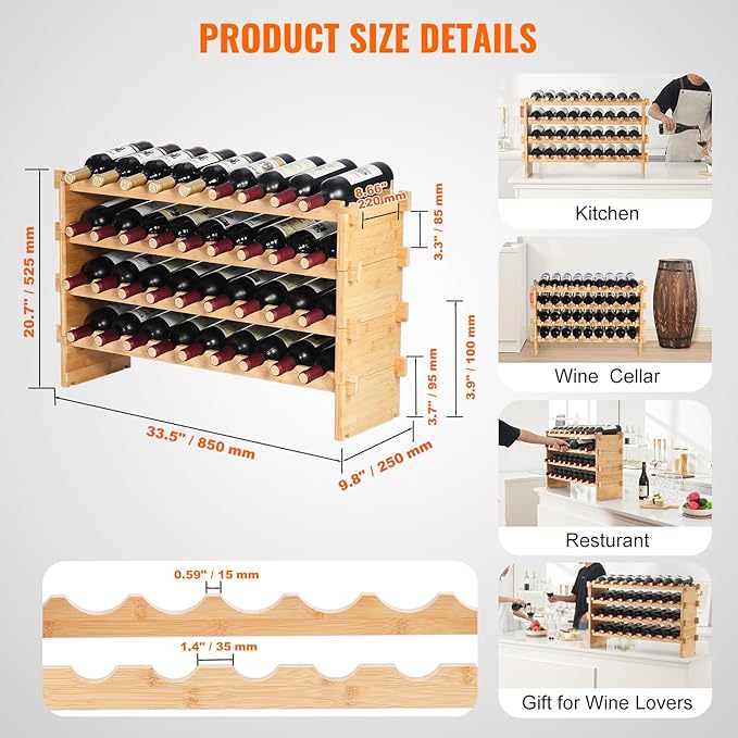VEVOR 36 Bottle Stackable Modular Wine Rack, 4-Tier Solid Bamboo Wood Storage Racks, Floor Freestanding Wines Holder Display Shelf, Wobble-Free Shelves for Kitchen, Bar, and Cellar (Natural Color)