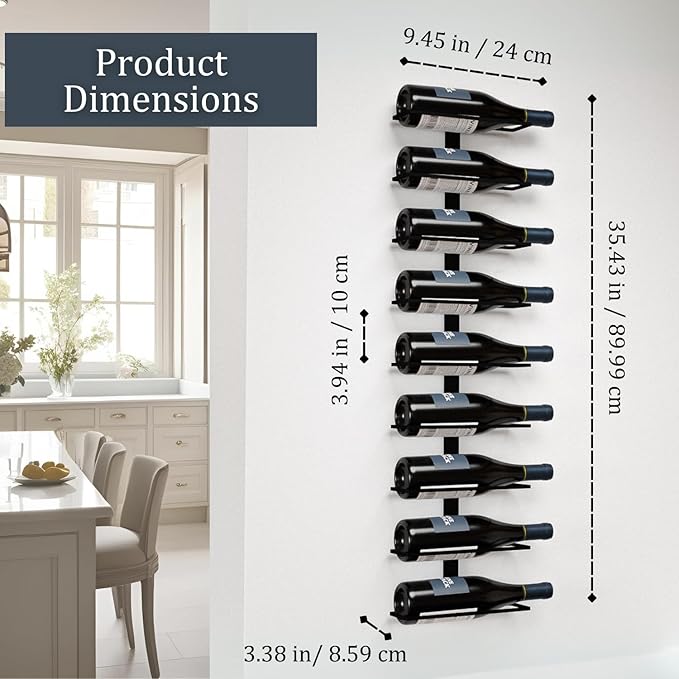 9-Bottle Black Metal Wall Mounted Wine Rack ??Modern Industrial Wine Bottle Storage Organizer for Home Bar, Kitchen, Dining Area & Wine Cellar