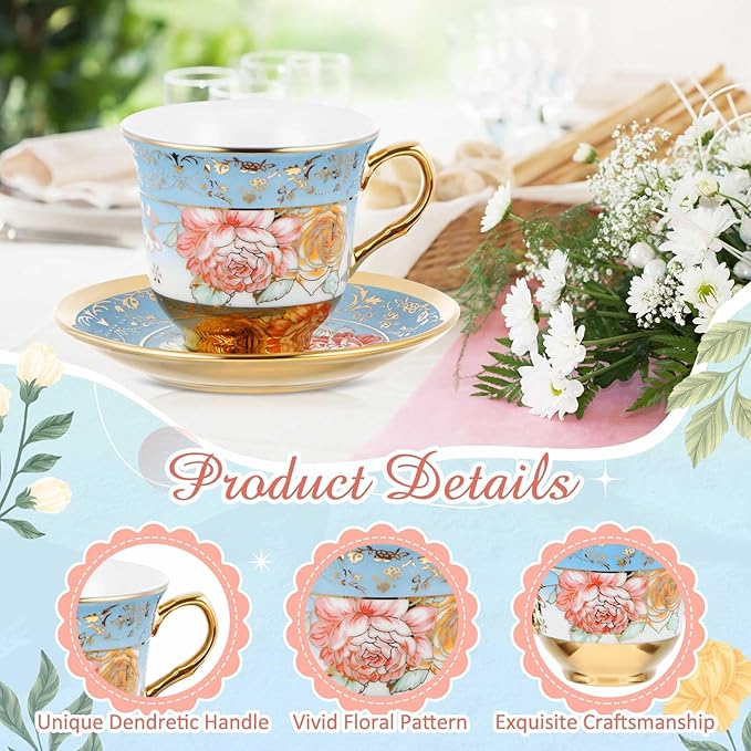 Set of 18 Tea Cups and Saucers Tea Party Decorations Floral Porcelain 5.4 oz British Gift for Women Birthday Party, Church, and Mother's Day (Classic Style)