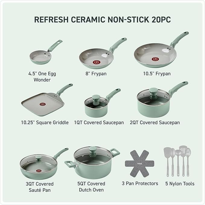 T-Fal Refresh Ceramic Nonstick Cookware Set, 20-Piece, Oven Safe to 350째F, Stockpot, Ceramic Pots and Pans Set, Frying Pans, Griddle, Utensils, Mint Green