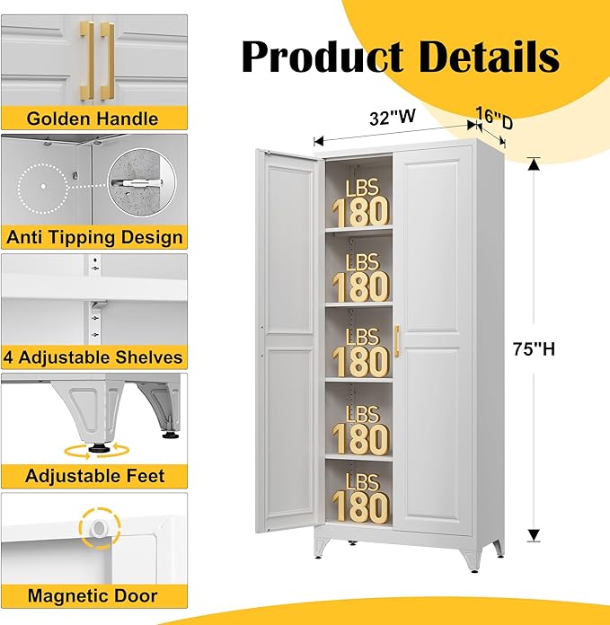 Kitchen Pantry Cabinet,75?쓂hite Metal Storage Cabinets with Doors and 4 Adjustable Shelves,Kitchen Cabinet with 2 Gold Handles,Tall Cabinet for Livingroom,Pantry, Bathroom