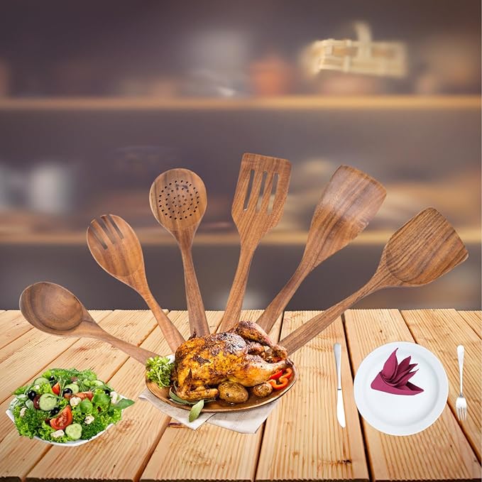 Wooden Spoons for Cooking - 6Piece Kitchen Utensils Set -Nontoxic Wooden Utensil Set -Heat Resistant Cooking Spoons - Wooden Spatula for Cooking - Teak Wood Utensils Set for Cooking - Wood Spoon