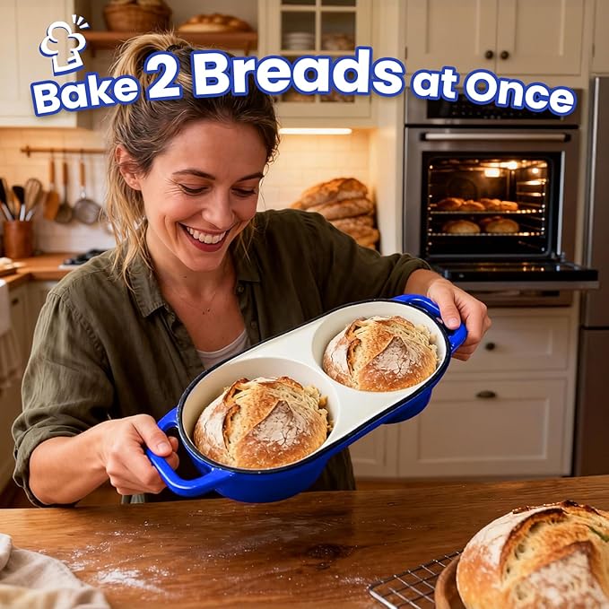 YONILL Mini Double Dutch Oven for Sourdough Bread Baking - Enameled Cast Iron Dutch Oven Pot with Lid and 5" Banneton Bread Proofing Basket Kit, Dual Round Bread Loaf Pan for Homemade Baking (Dark Blue)