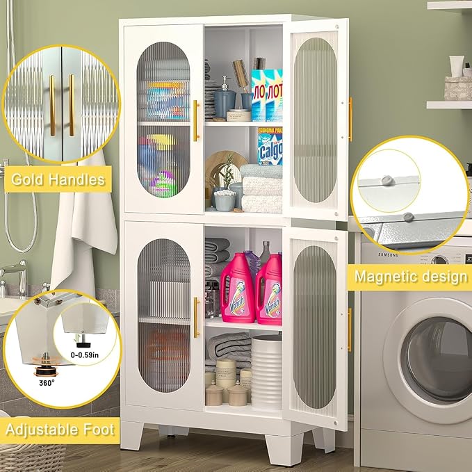 61" Pantry Storage Cabinet, Pantry Cabinets with Acrylic Glass Doors and Adjustable Shelves, Metal Kitchen Pantry Cabinet for Kitchen, Living Room, Laundry Room and Dinning Room