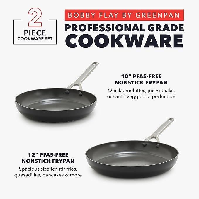GreenPan x Bobby Flay 10??& 12??Hard Anodized Ceramic Nonstick Frying Pan Set, PFAS-Free, Induction Compatible Skillets, Oven & Broiler Safe to 600?F, Dishwasher Safe, Black