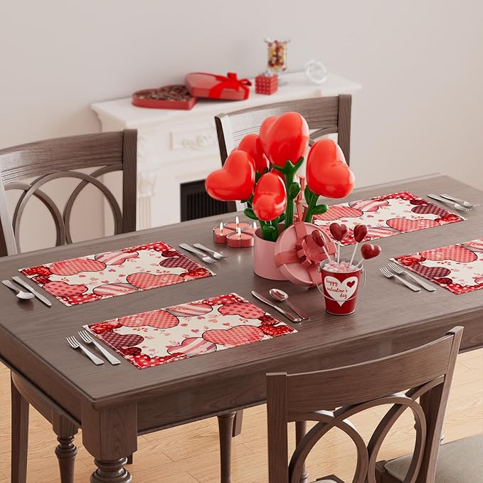 XCHI Love Hearts Valentine's Day Placemats Set of 4 Table Mats for Party Home Kitchen Dining Table Decorations 12x18 Inch