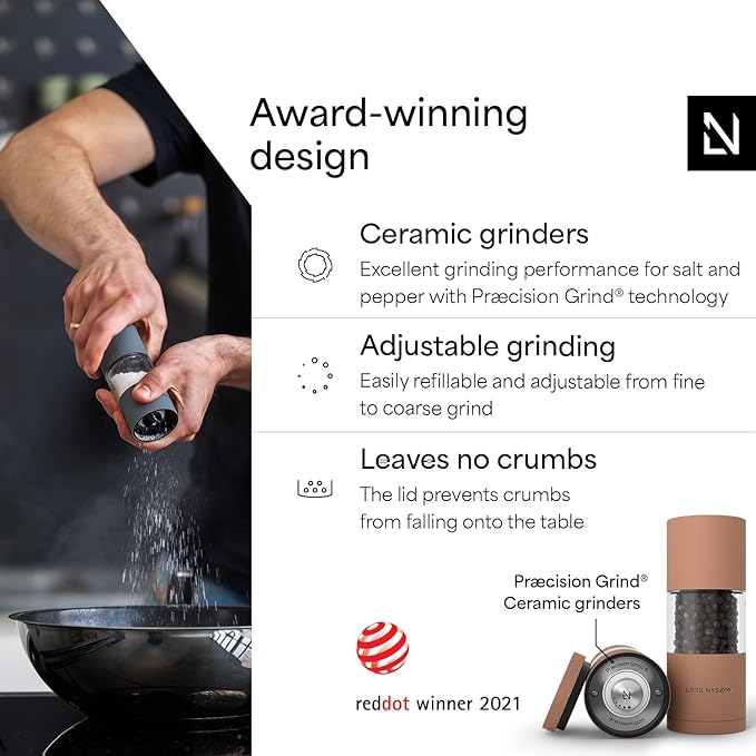 LARS NYS횠M Salt and Pepper Grinder Set, Manual Salt and Pepper Mills with Adjustable Ceramic Grinder, Design Spice Shaker Set (Blush Rose)