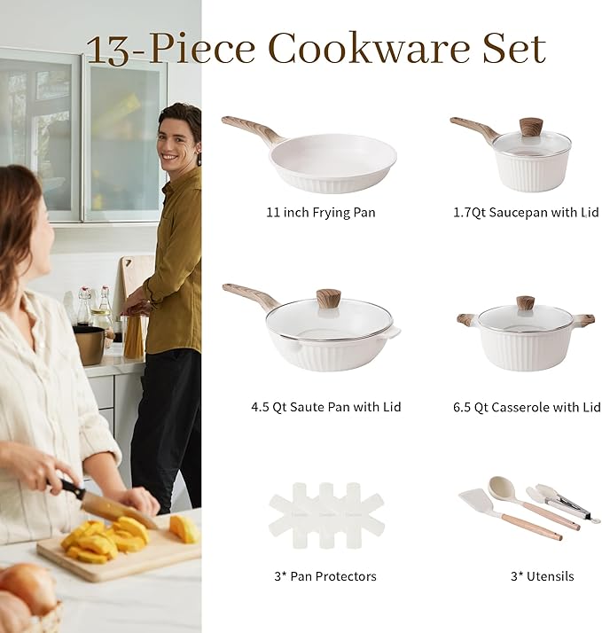 13-Piece Nonstick Pots and Pans Set ??Granite Stone Kitchen Cookware Set, PFOA-Free ??Includes Frying Pans, Saucepans, Saut챕 Pan ??Induction Compatible, White
