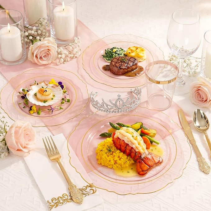 KIRE 210Pcs Clear Pink Plastic Plates with Gold Rim - Disposable Pink Plates&Silverware&Pink Cups&Hand Napkin - Plum Colored Plastic Dinnerware for Upscale Wedding/Valentine's Day