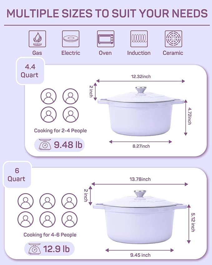 Enameled Cast Iron Dutch Oven ??6 Quart Pot with Lid & Potholders ??Heavy-Duty Cookware for Bread Baking, Braising, Stews & Roasting ??Oven & Stovetop Safe up to 500째F ??Purple
