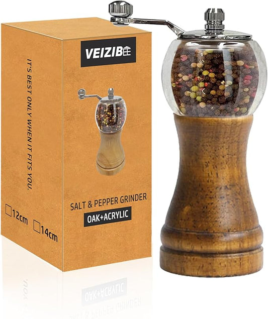 Pepper Mills, Classical Roast Black Manual Pepper Grinder Set竊똇and Shake Salt Mill竊똓etro Style Wood竊?Acrylic竊똂eramic Blades竊똌etal Handle, Enjoy Fresh Pepper (Walnut color 1pcs-6in)