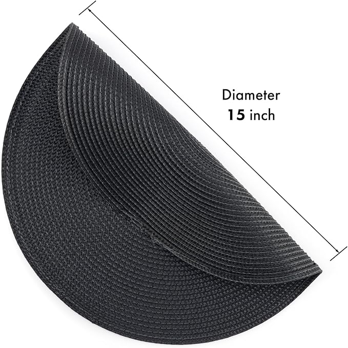 Winknowl Round Braided Placemats Set of 4 Washable Woven Heat Resistant Table Mats for Kitchen Dining Tables 15 inch Round Place Mats (Black,4pcs)