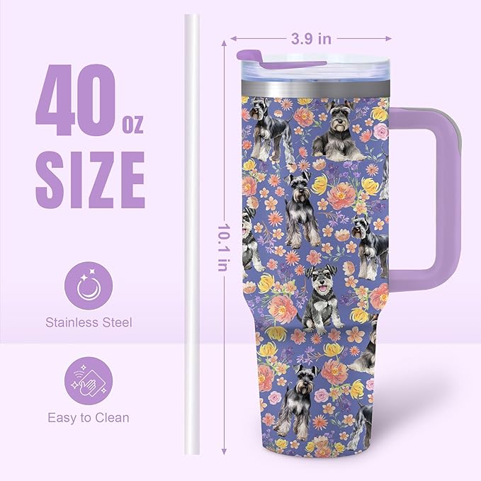 Yogusut Schnauzer Gifts for Women, 40oz Stainless Steel Insulated Tumbler Travel Mug Cup with Handle Straw, Gifts for Dog Mom Dog Lover