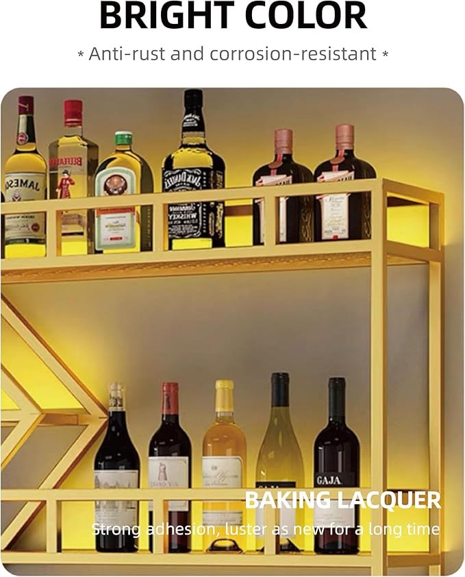 59 Inch Modern Wall Mounted Wine Rack with LED Light, Large Metal Bar Shelves for Liquor Bottles, Stylish Wall Wine Rack Storage Organizer for Dining Room & Home Bar(Black-Yellow Led, 59in)