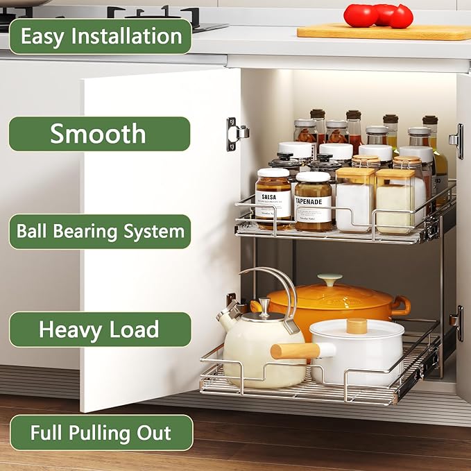 2 Tier Individual Pull Out Cabinet Organizer 22쩍" W x 21쩍" D, Heavy Duty Cabinet Pull Out Shelves, Slide Out Drawers Organization for Kitchen Cabinets Bathroom