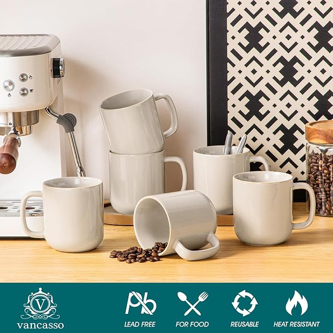 vancasso 16 oz Coffee Mugs Set of 6, Large Ceramic Mug with Handle, Unique Glaze Coffee Cups for Latte, Cappuccino & Hot Cocoa, Dishwasher & Microwave Safe, Gray, Series PLAYA