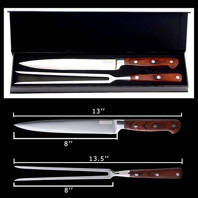 Benowo Carving Knife Set 2-Piece, 8-inch Turkey Carving Knife and Fork Set Stainless Steel Kitchen Knife for Steak, Hibachi Knife and Fork, BBQ Carving Fork with Gift Box ??Designed in USA